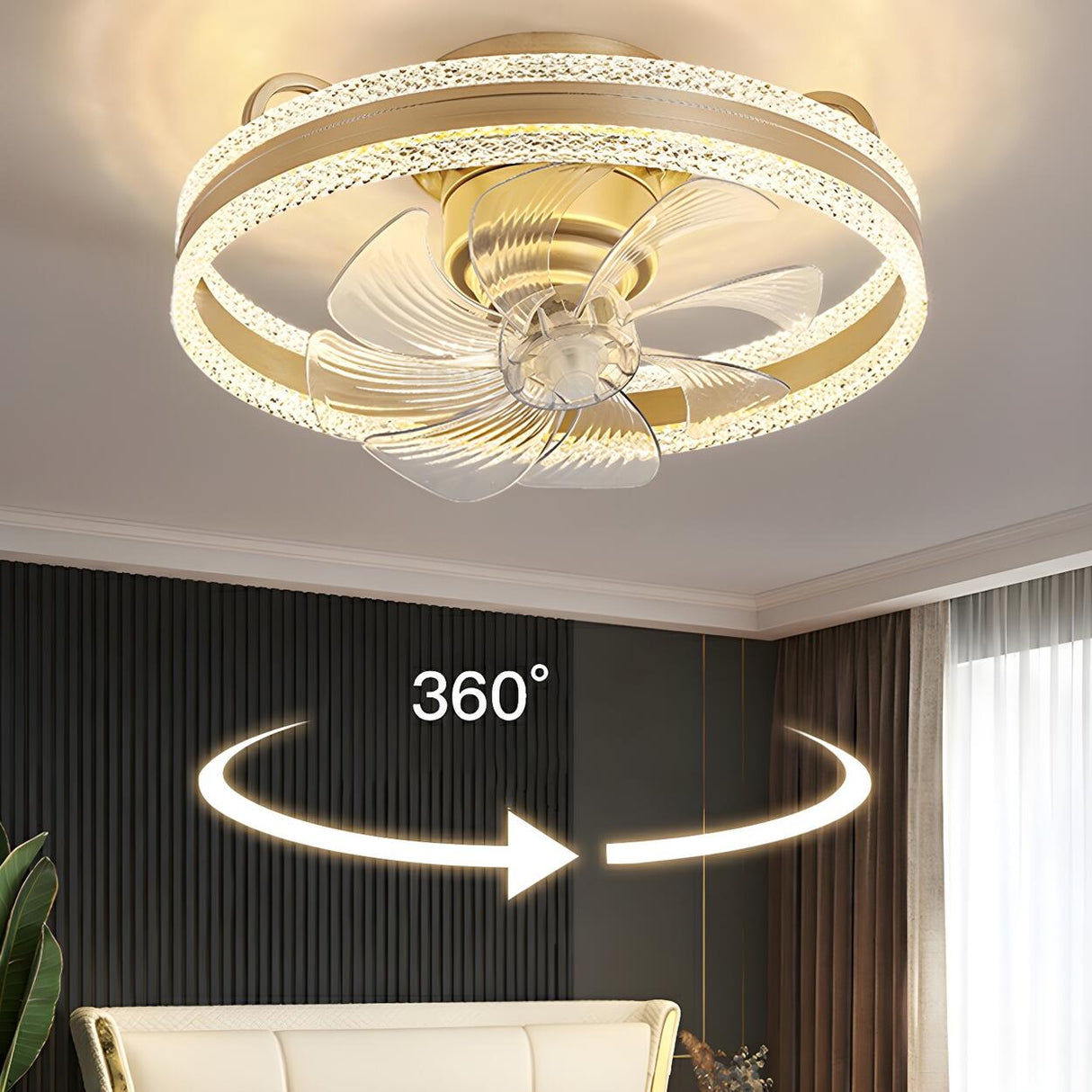 Flush Round Crystal Modern LED Ceiling Fan with Light Image - 13