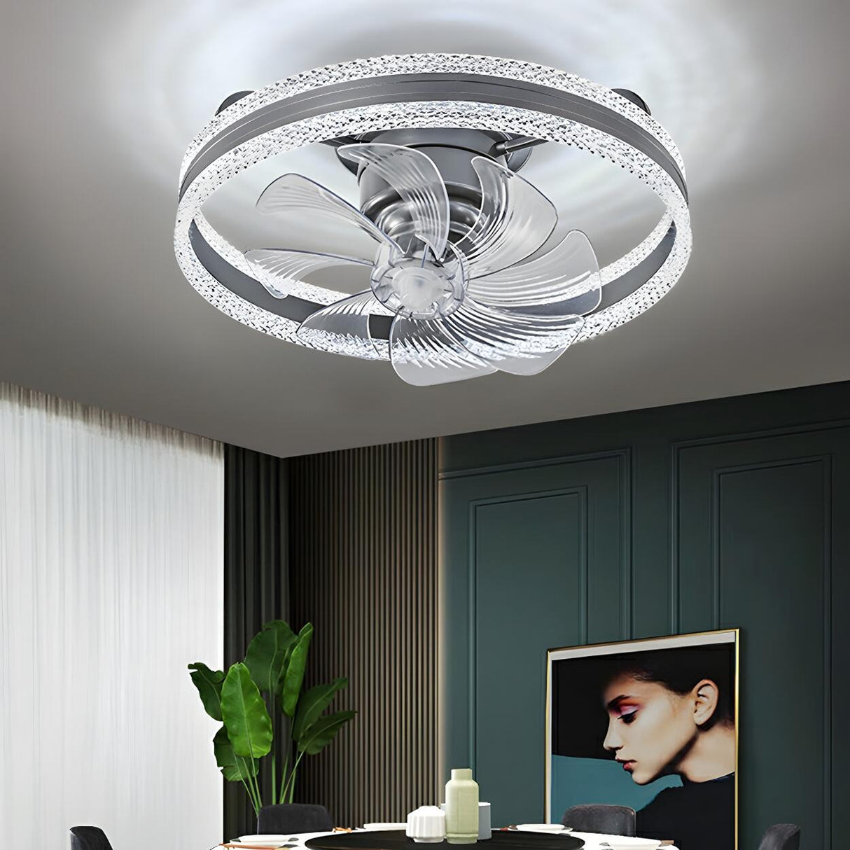 Flush Round Crystal Modern LED Ceiling Fan with Light Image - 4