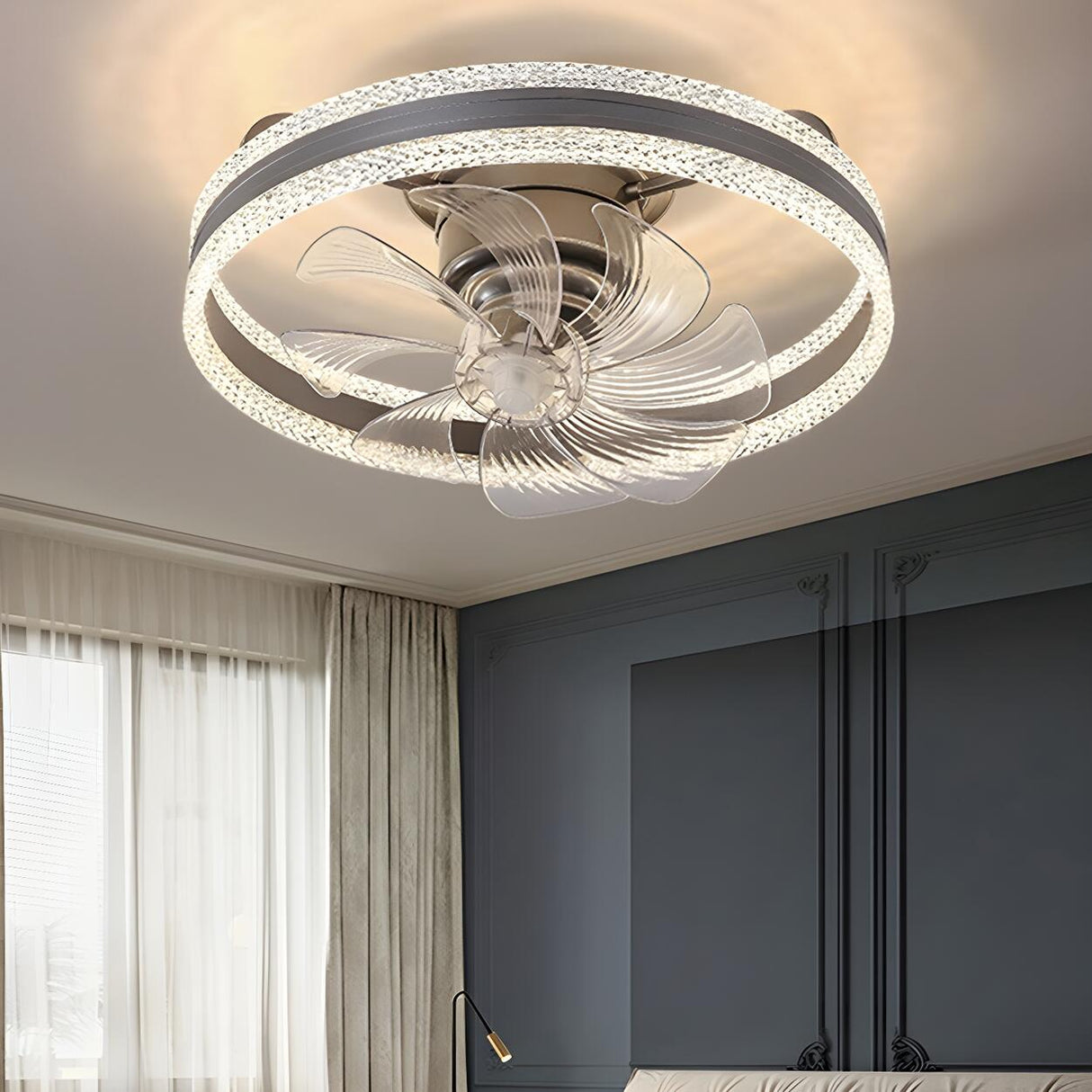 Flush Round Crystal Modern LED Ceiling Fan with Light Image - 6