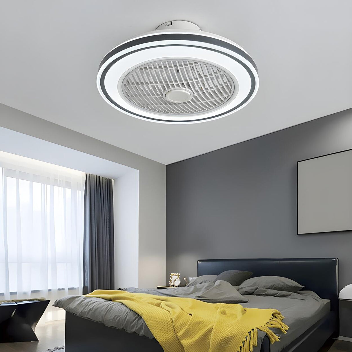 Flush Round White Bladeless Ceiling Fan with LED Light Image - 1