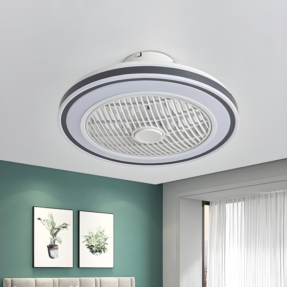 Flush Round White Bladeless Ceiling Fan with LED Light Image - 3