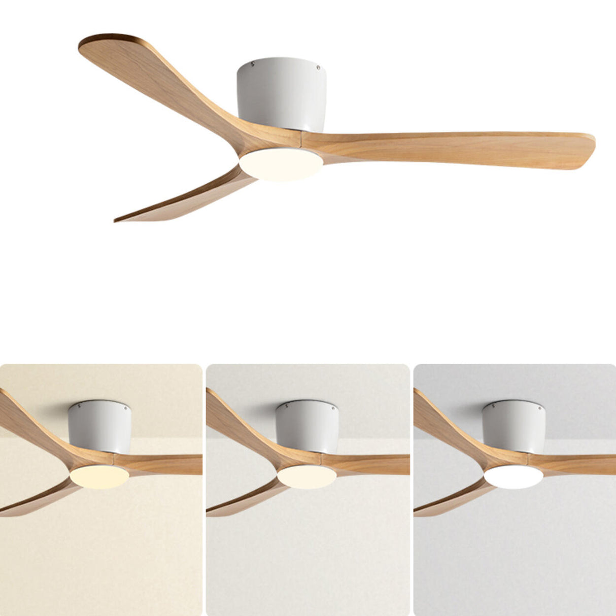 Flush Solid Wood 3 Blade Simple Ceiling Fan with Light Image - 4