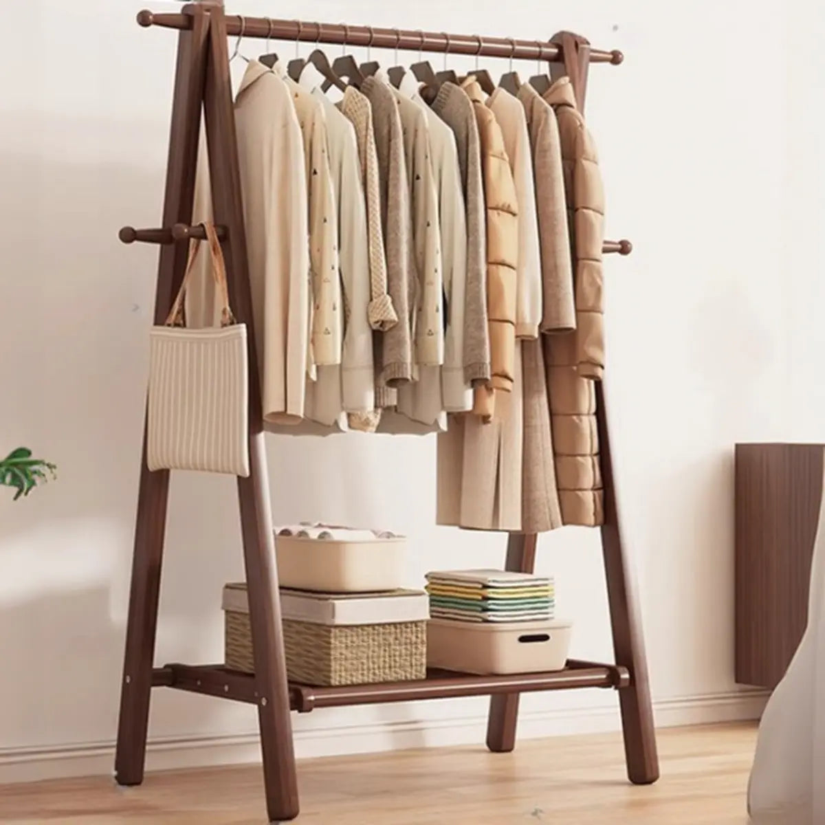 Foldable Beech Wood Nut-Brown Shelves Hooks Coat Rack Image - 9