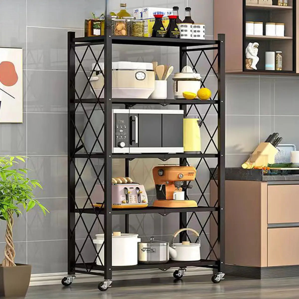 Foldable Black Steel Microwave Shelf Baker's Rack Image - 1