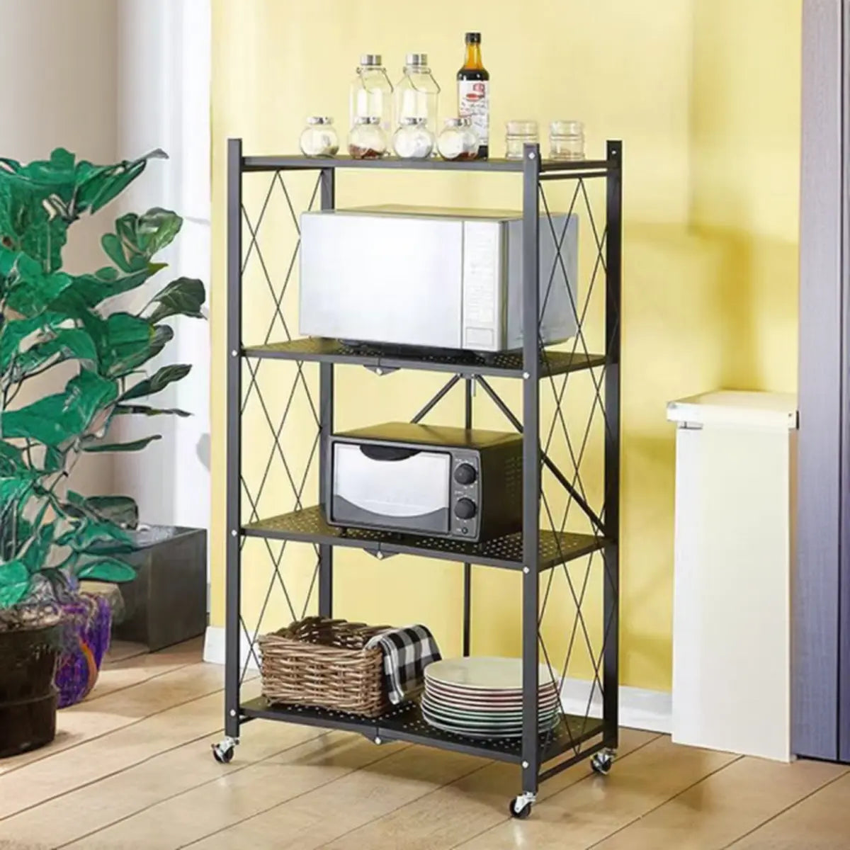 Foldable Black Steel Microwave Shelf Baker's Rack Image - 3