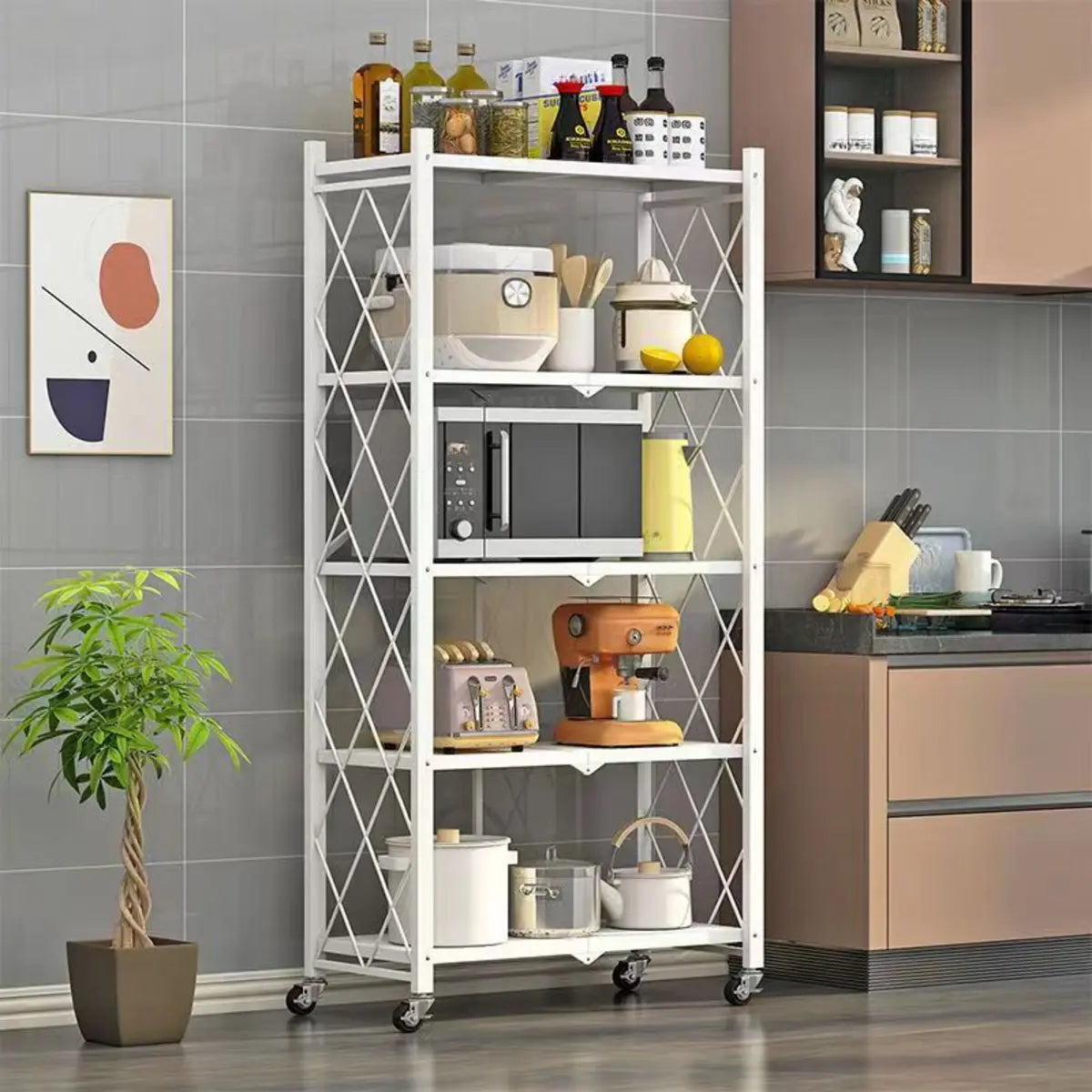 Foldable Black Steel Microwave Shelf Baker's Rack Image - 4