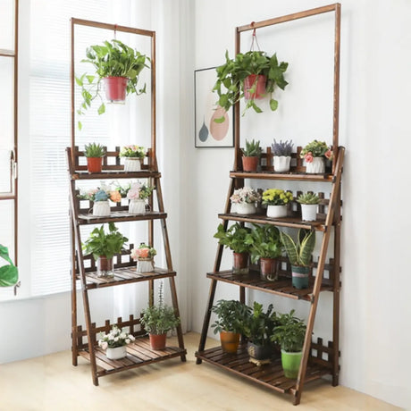 Foldable Brown Floor Wood Ladder Crate Pine Plant Stand Image - 1