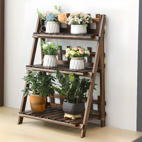 Foldable Brown Floor Wood Ladder Crate Pine Plant Stand Image - 2