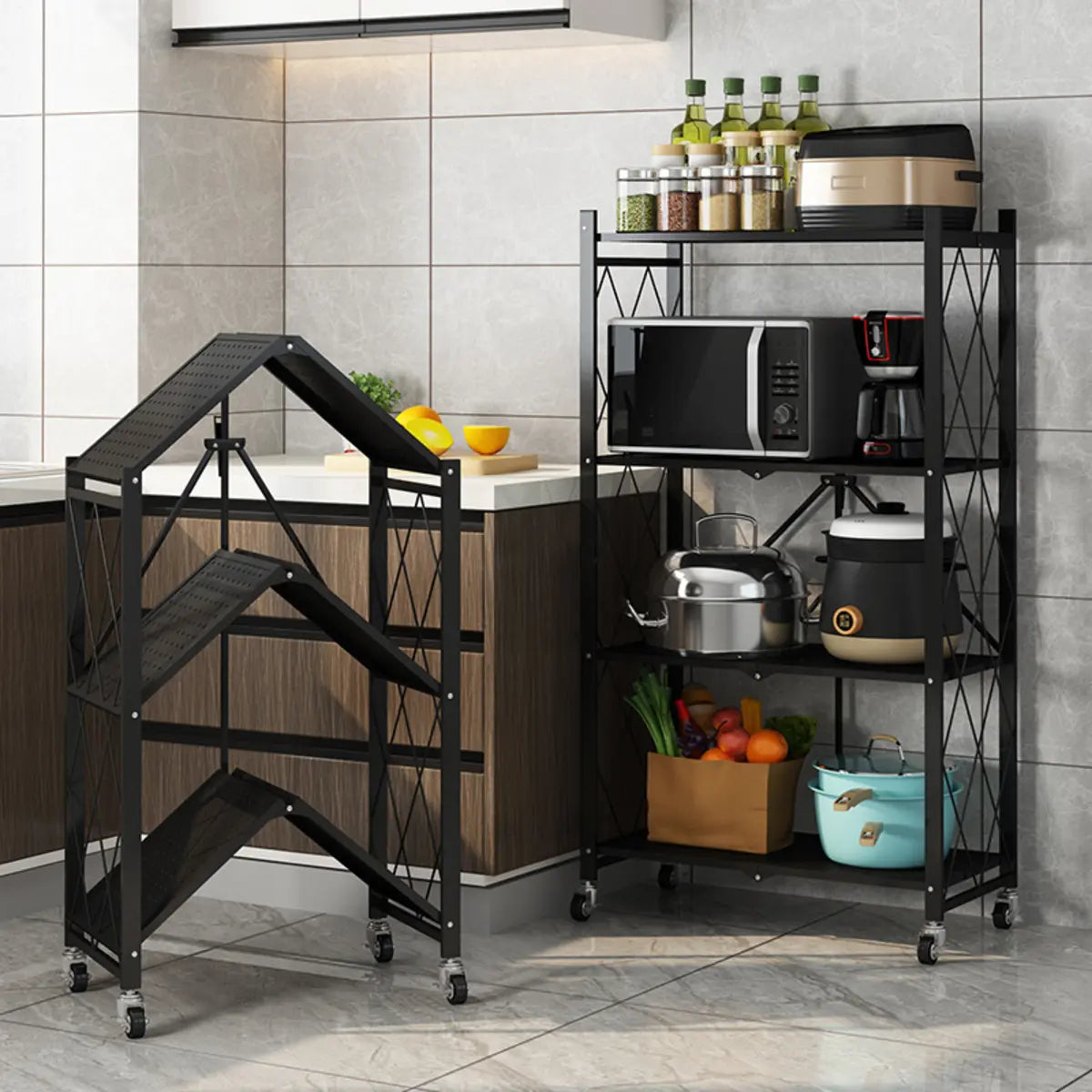 Foldable Iron Frame Microwave Shelf Baker's Rack Image - 6