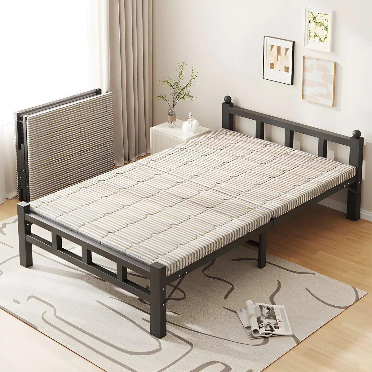 Foldable Iron Headboard Black Twin Space-Saving Slat Bed Image - 1