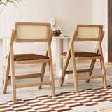 Foldable Leather Seat Rattan Back Wood Dining Chair Image - 13