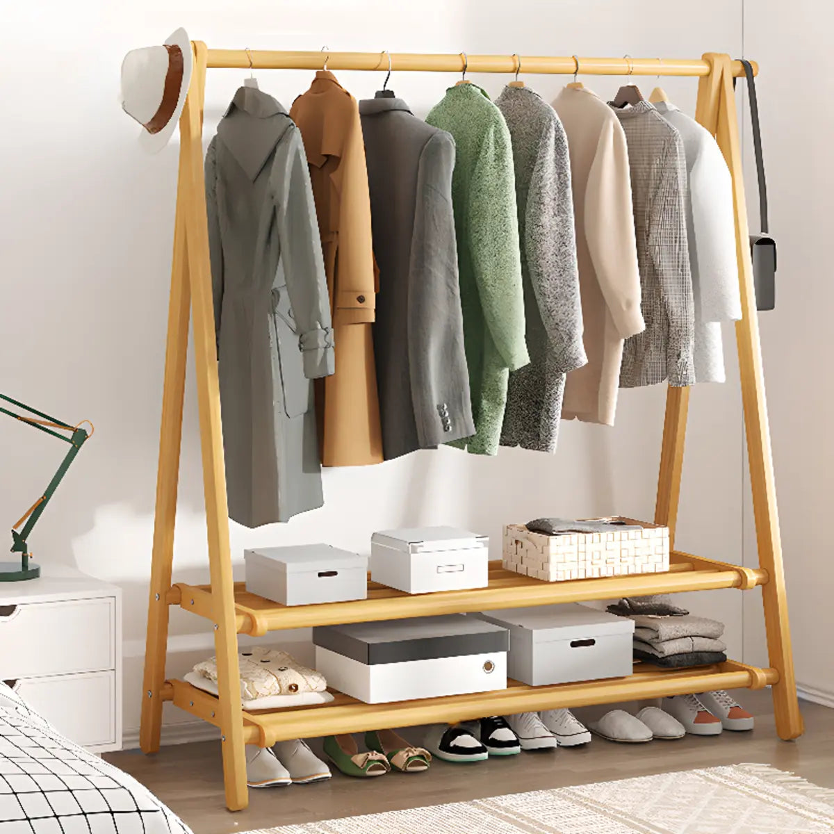 Foldable Natural Pine Open Storage Shelves Coat Rack Image - 3