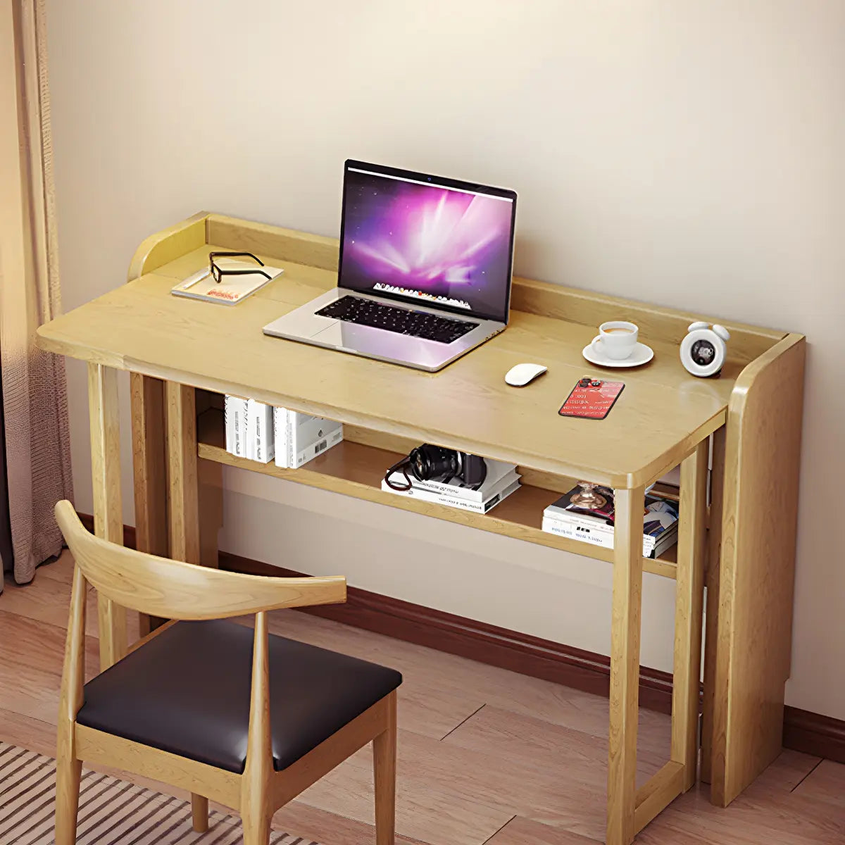 Foldable Rubberwood Shelves Rectangle Sled Writing Desk Image - 5