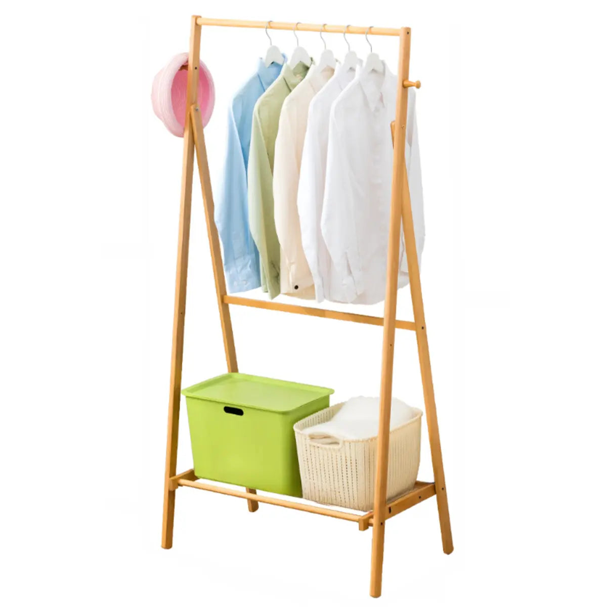 Foldable Tall Bamboo Natural Coat Rack with Storage Shelf Image - 11