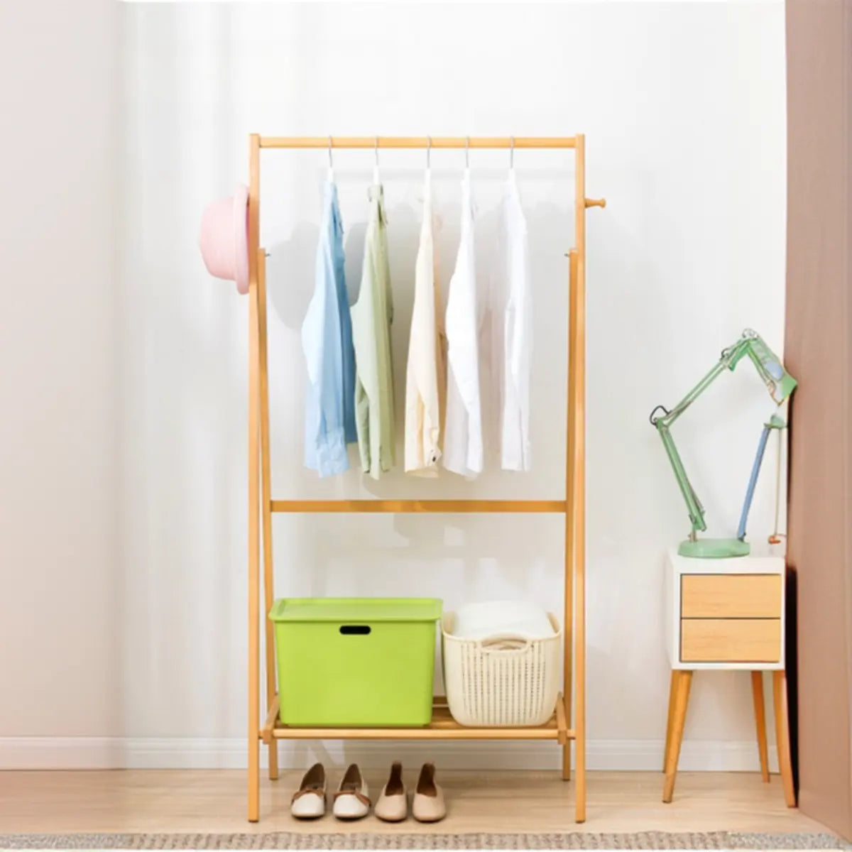 Foldable Tall Bamboo Natural Coat Rack with Storage Shelf Image - 1