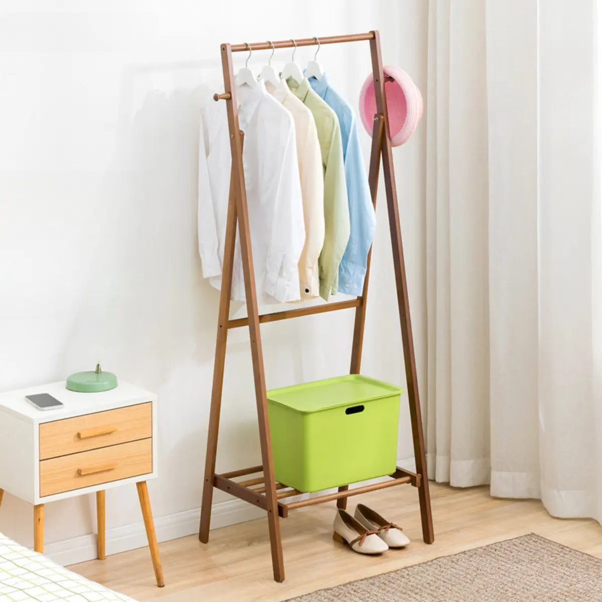 Foldable Tall Bamboo Natural Coat Rack with Storage Shelf Image - 3