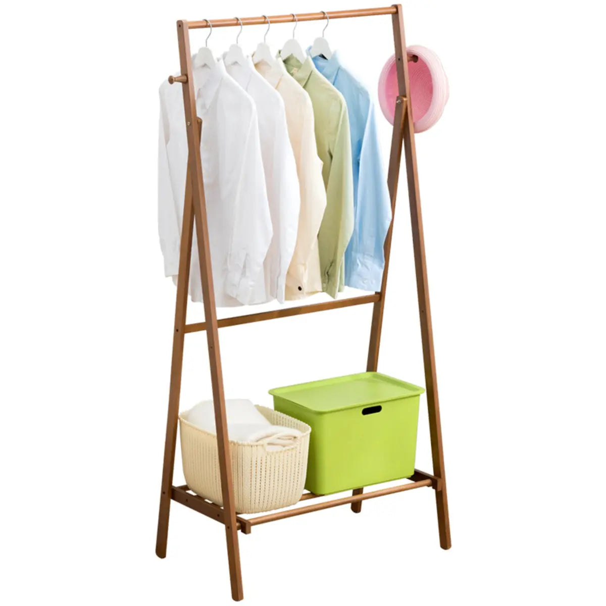 Foldable Tall Bamboo Natural Coat Rack with Storage Shelf Image - 5