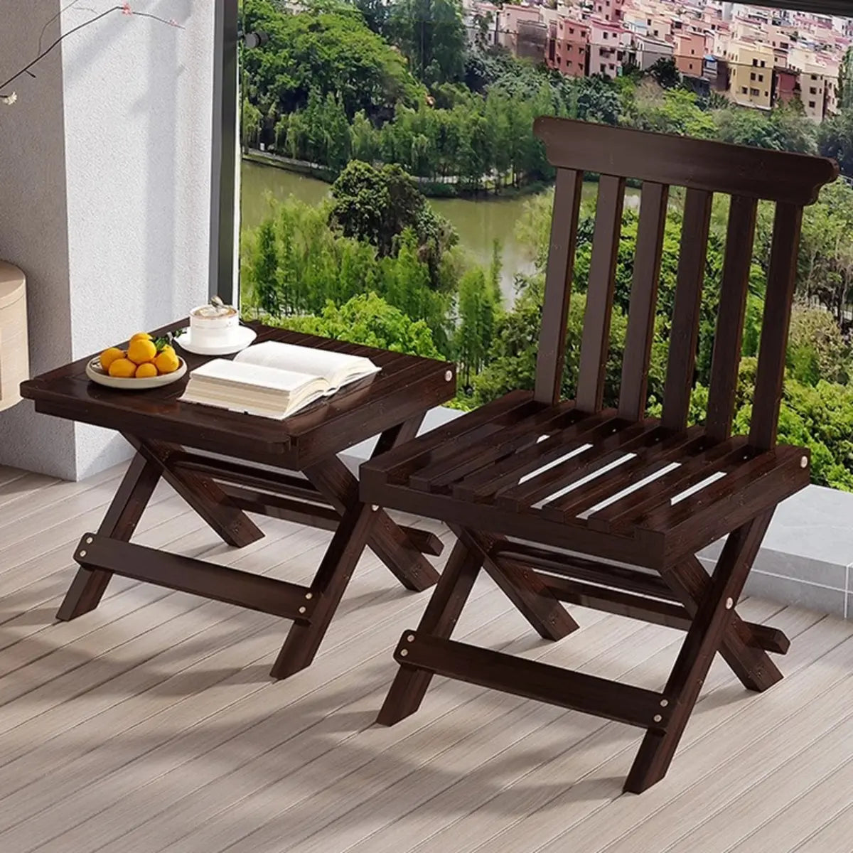 Folding Brown Open Slat Back Wood Armless Dining Chair Image - 1