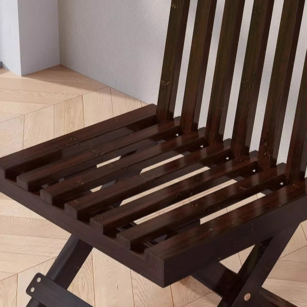 Folding Brown Open Slat Back Wood Armless Dining Chair Image - 11