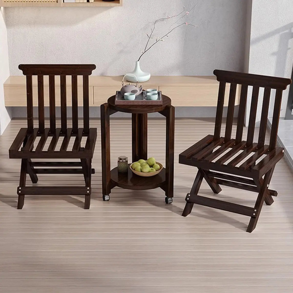 Folding Brown Open Slat Back Wood Armless Dining Chair Image - 15