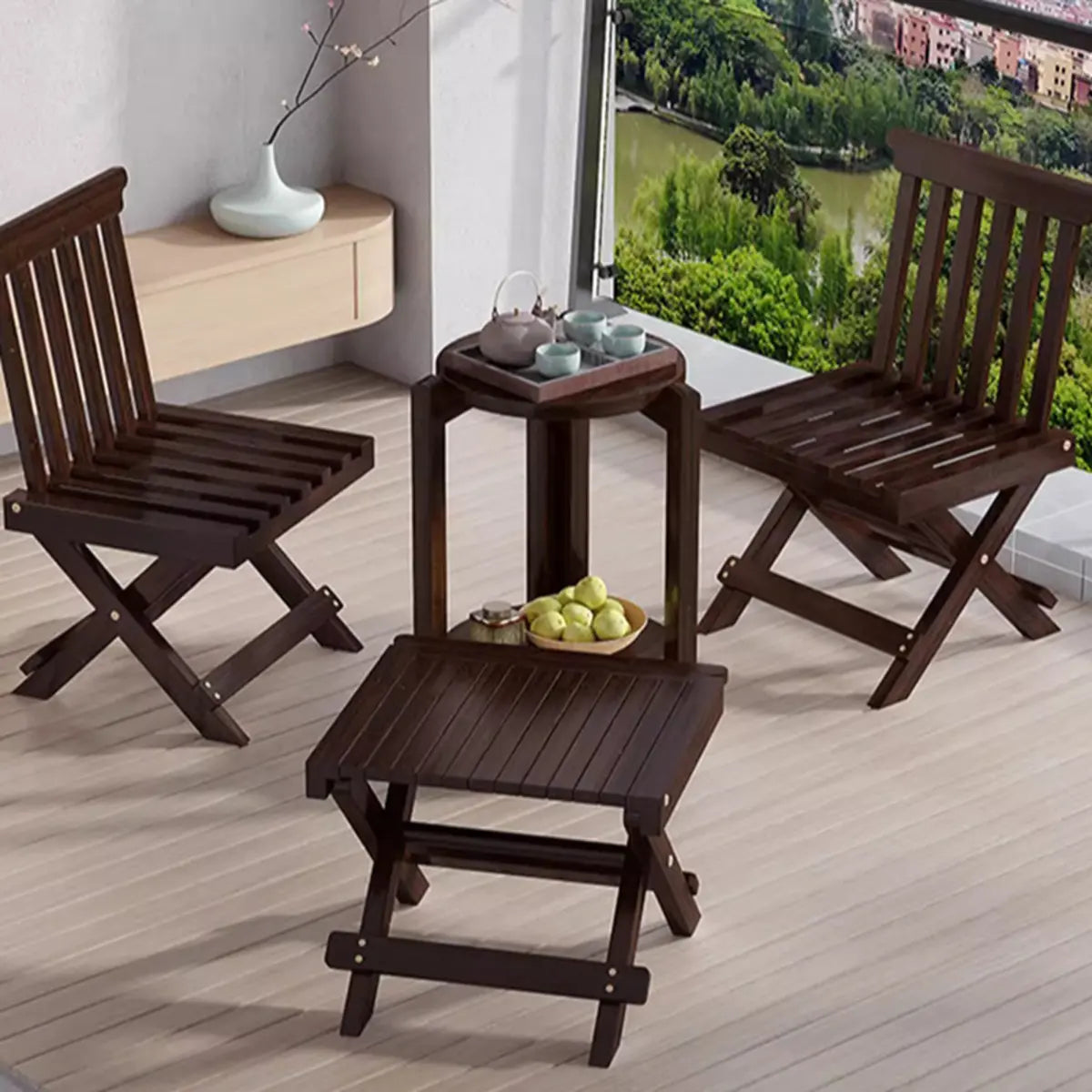 Folding Brown Open Slat Back Wood Armless Dining Chair Image - 7