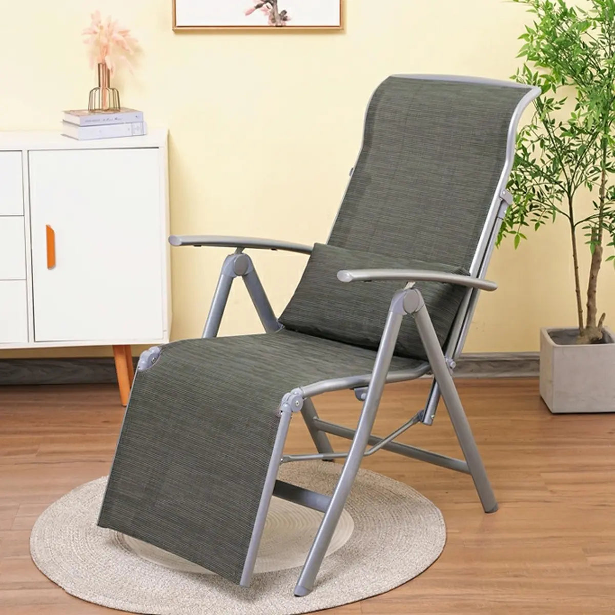 Folding Chair Curved Metal Medium Lounge Recliner Gray Image - 3