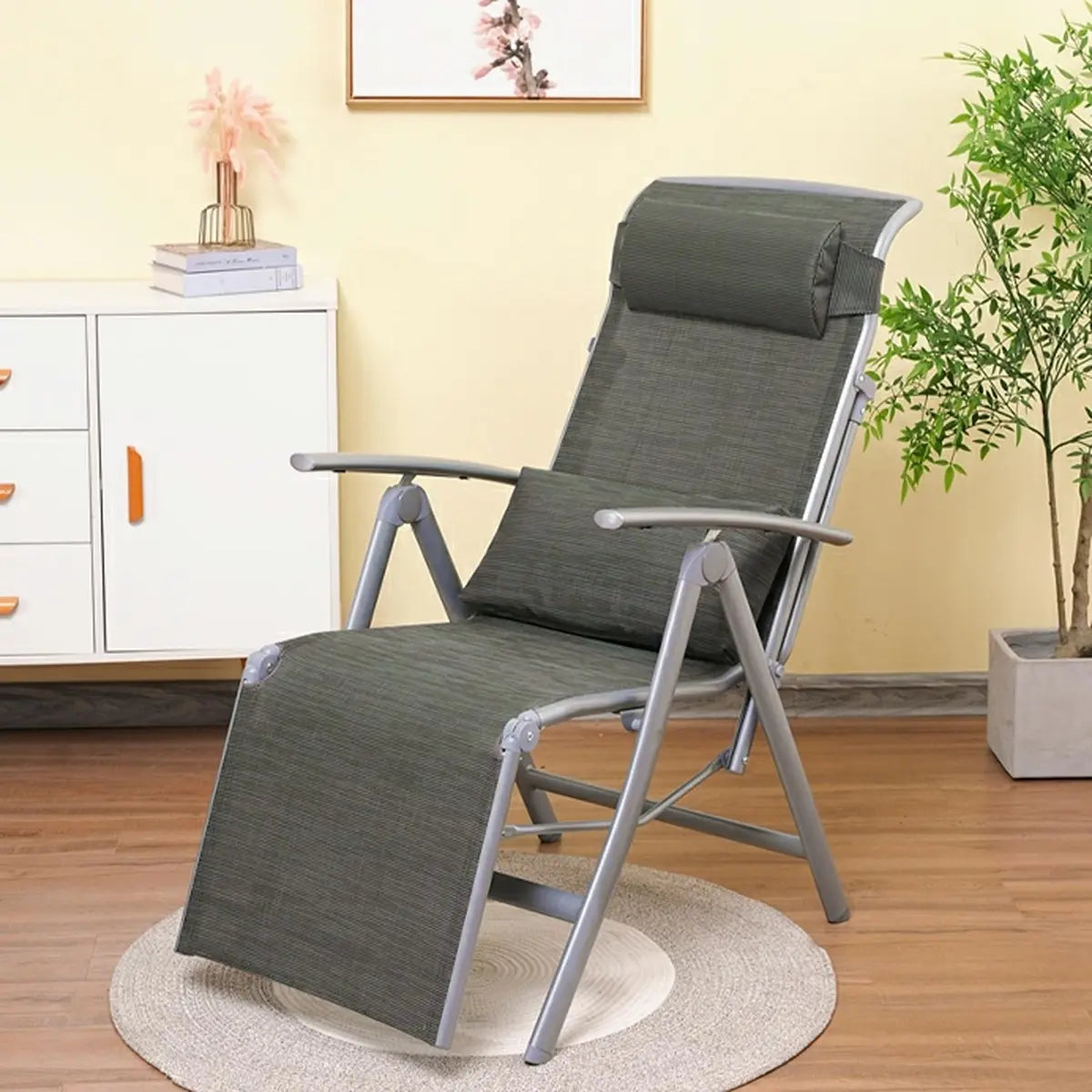 Folding Chair Curved Metal Medium Lounge Recliner Gray Image - 5