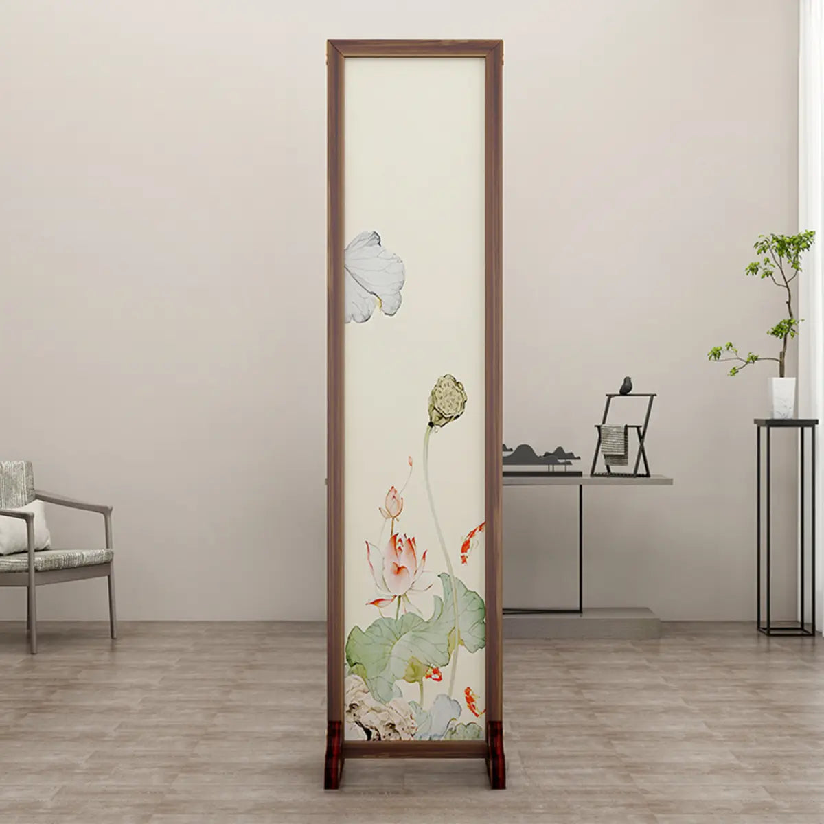 Folding White Lotus Fabric Decorative Room Divider Image - 1