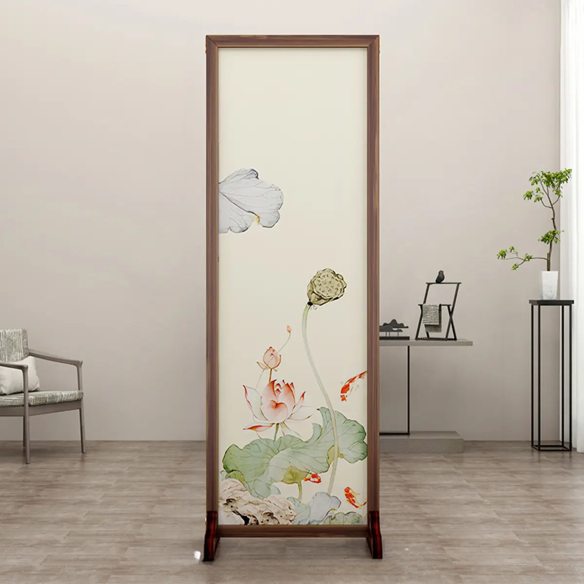 Folding White Lotus Fabric Decorative Room Divider Image - 11