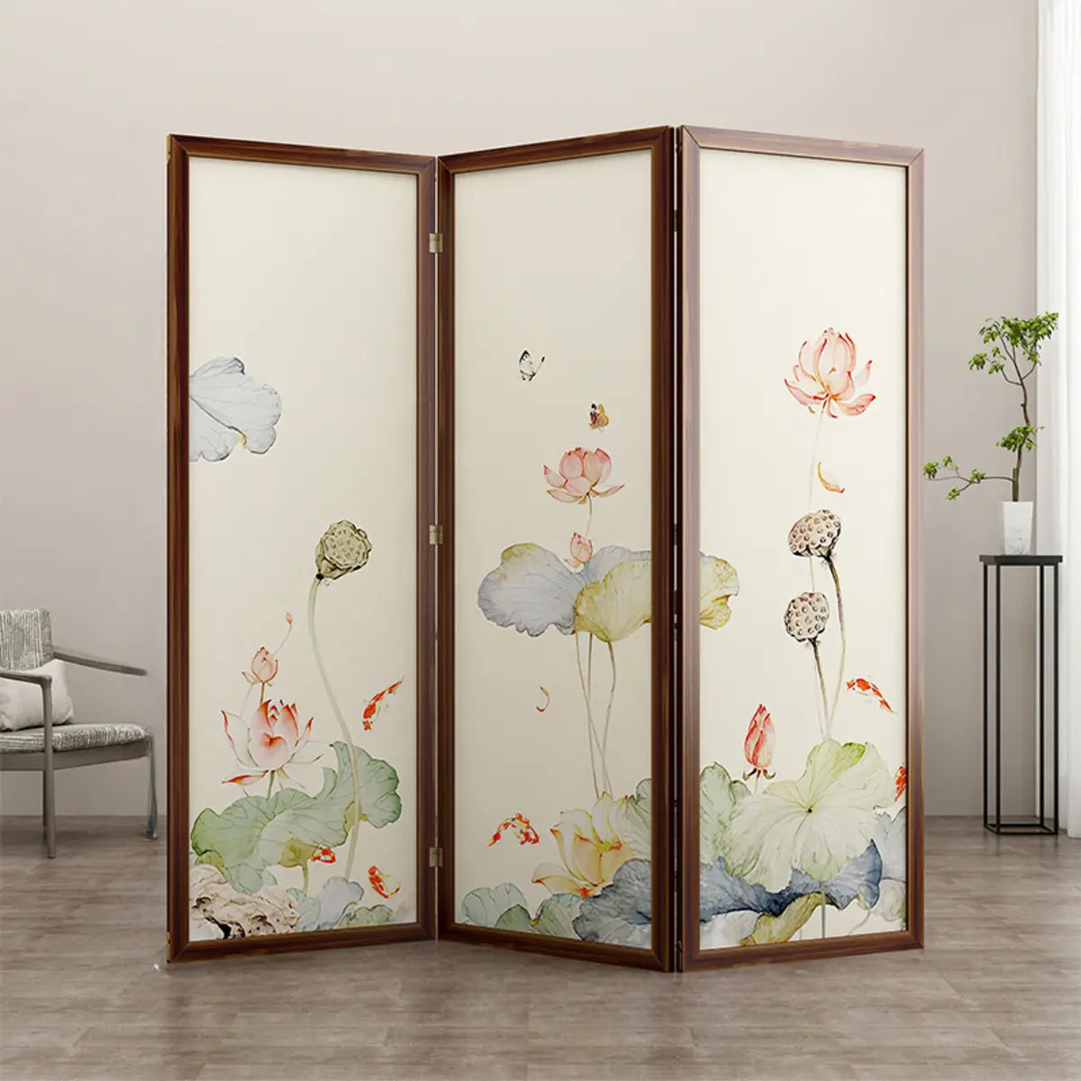 Folding White Lotus Fabric Decorative Room Divider Image - 13