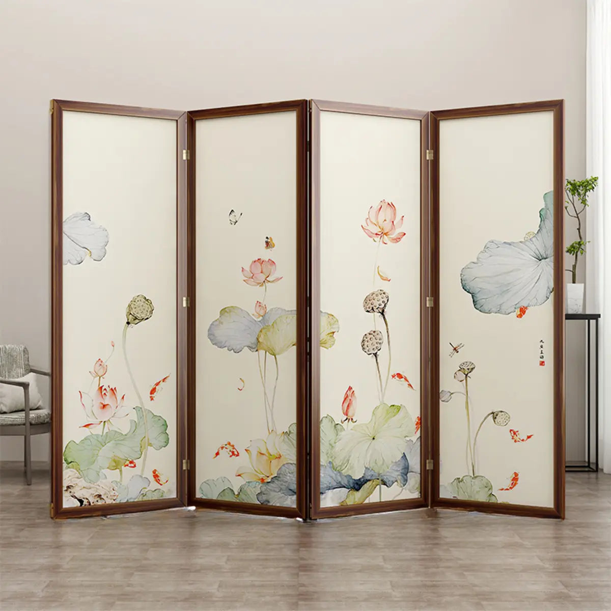 Folding White Lotus Fabric Decorative Room Divider Image - 14