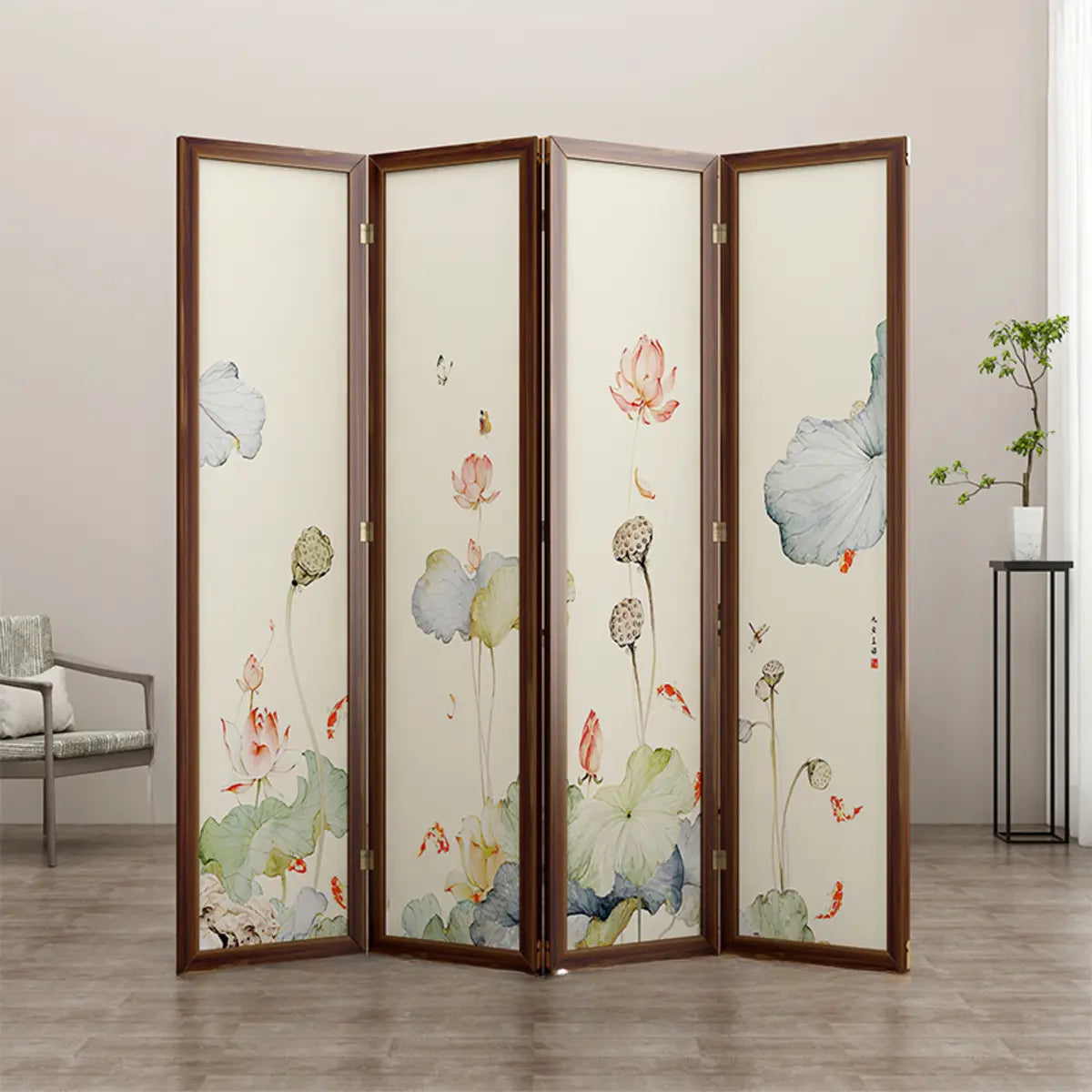 Folding White Lotus Fabric Decorative Room Divider Image - 2