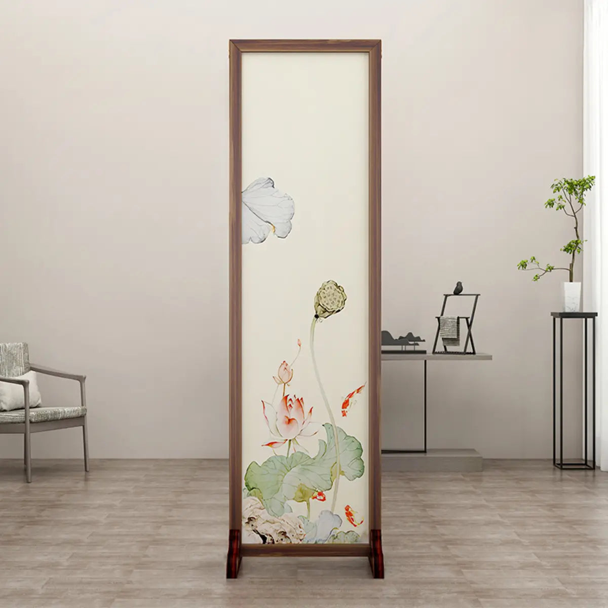 Folding White Lotus Fabric Decorative Room Divider Image - 4