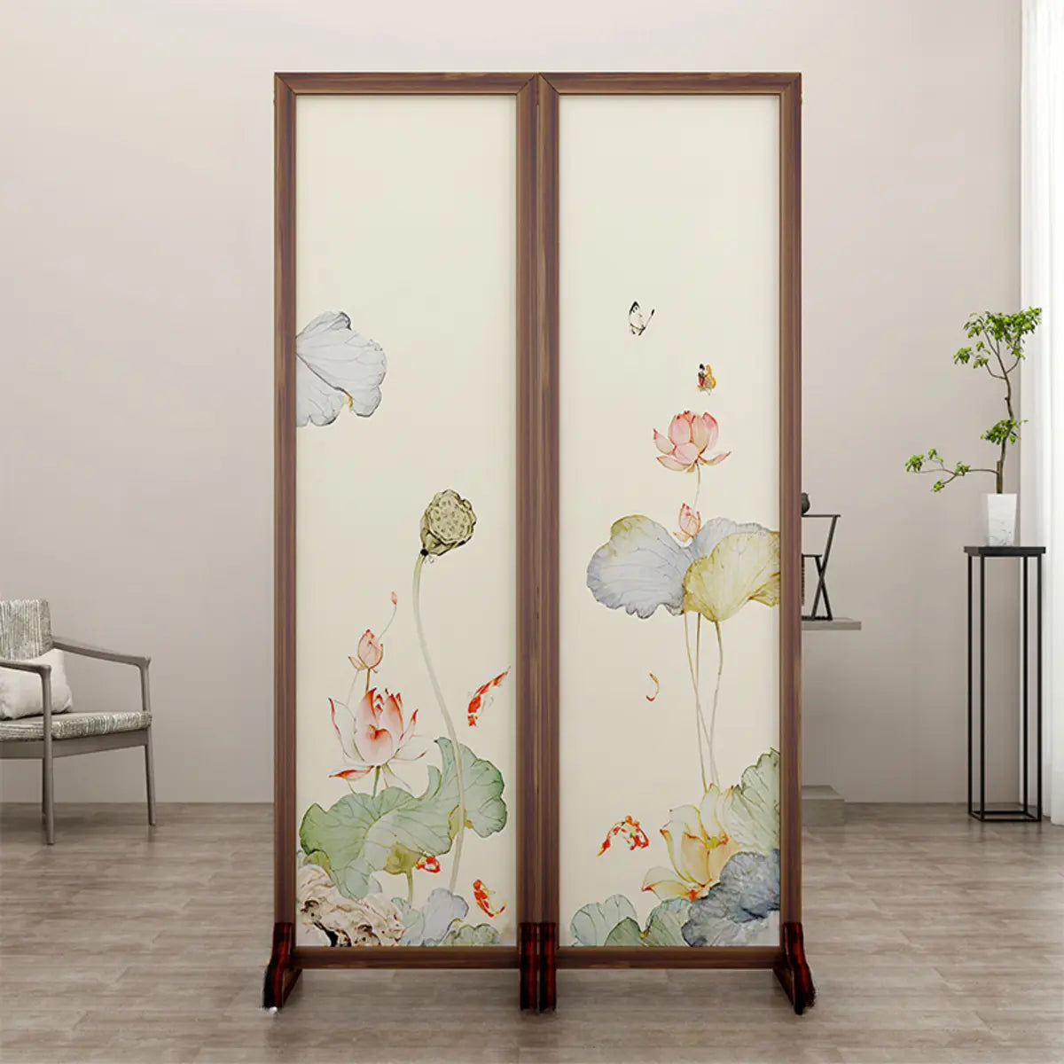 Folding White Lotus Fabric Decorative Room Divider Image - 6