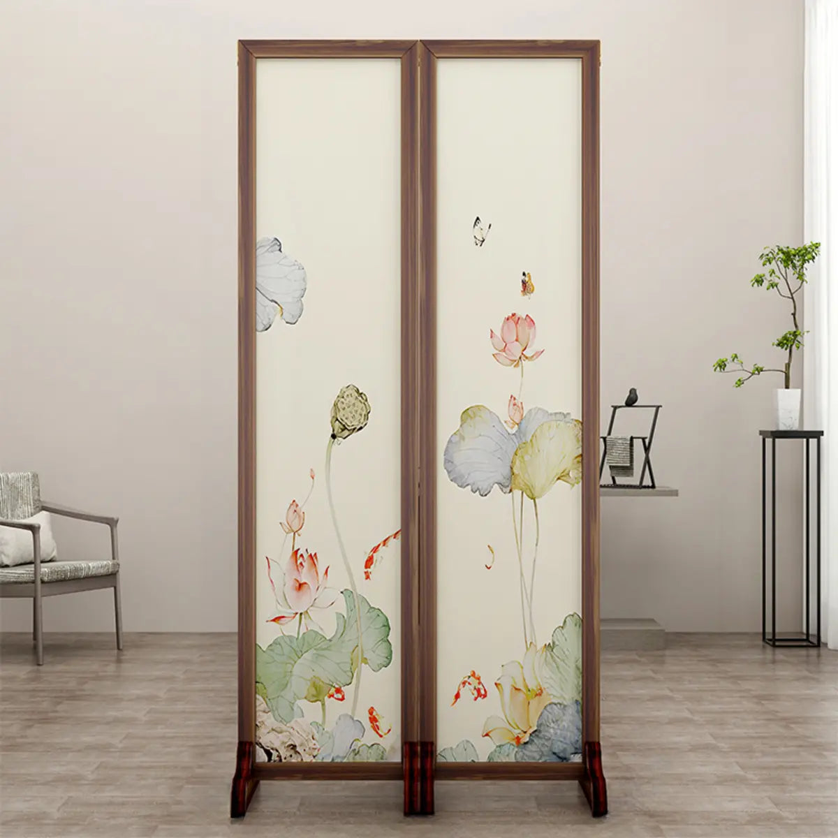 Folding White Lotus Fabric Decorative Room Divider Image - 7