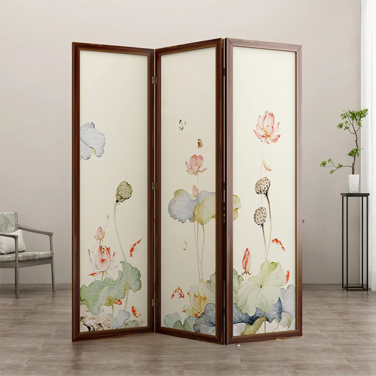 Folding White Lotus Fabric Decorative Room Divider Image - 8