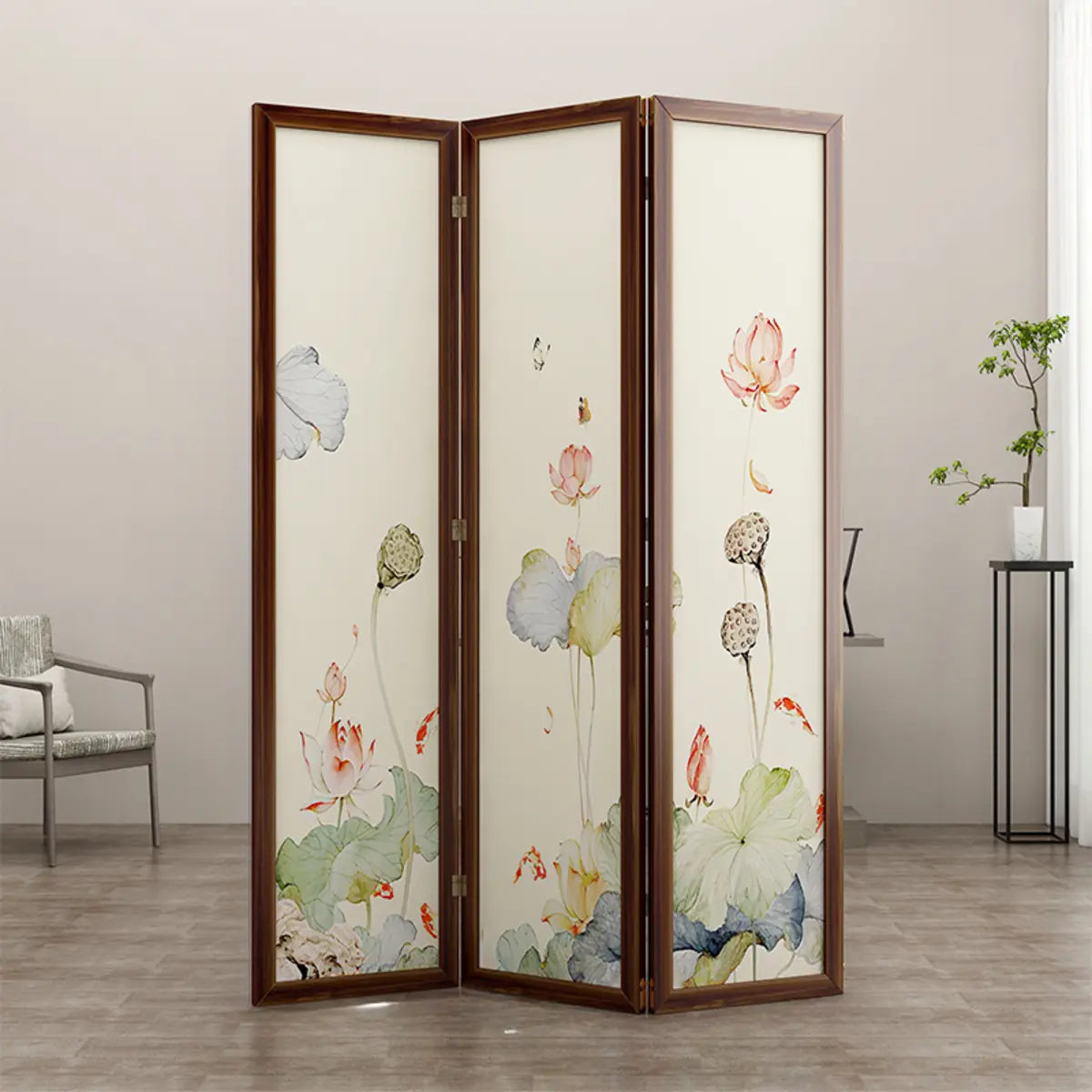 Folding White Lotus Fabric Decorative Room Divider Image - 9