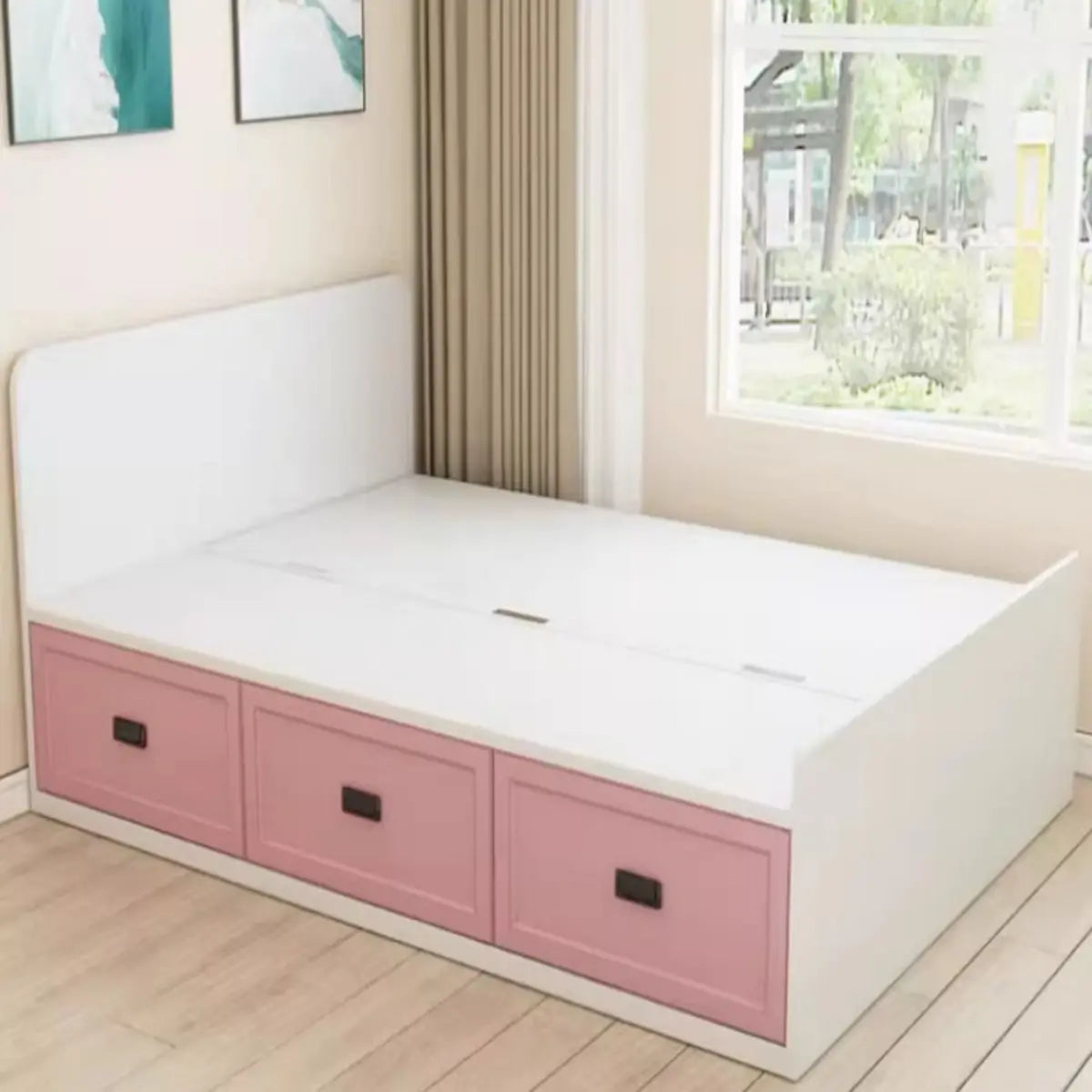 Footboard Wood Pink Queen Storage Bed with Drawers Image - 1