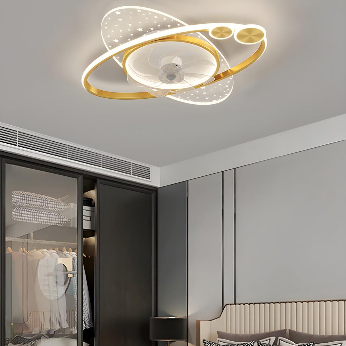 Foyer Creative Oval Ring Starry Ceiling Fan with Light Image - 1