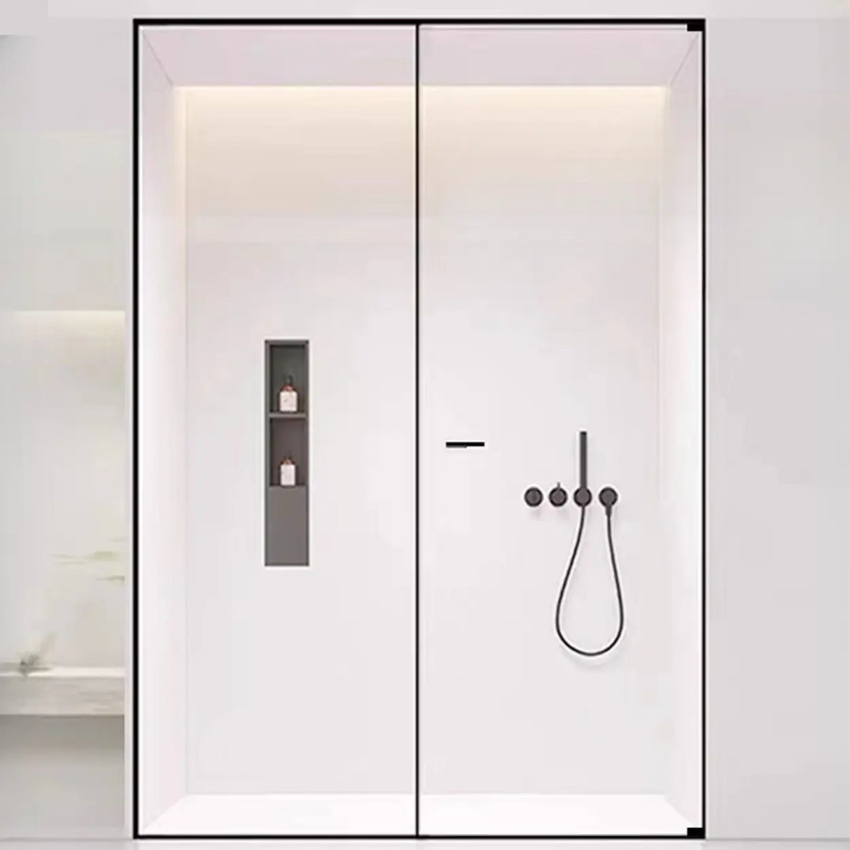 Frameless Black Clear Glass Handle Pivot Shower Door Image - 2