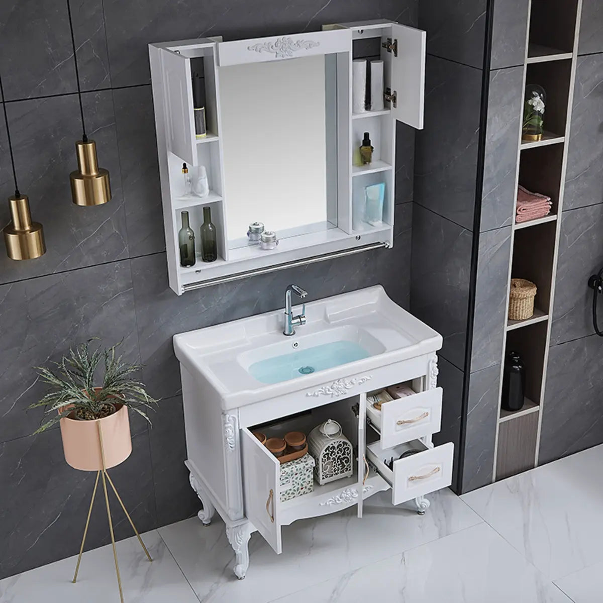 Free-standing White Ceramic Sink Storage Bathroom Vanity Image - 1