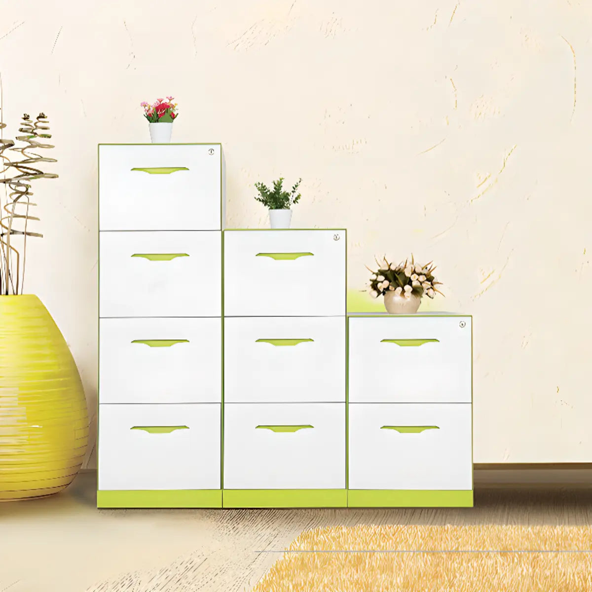 Free Standing White-Green Lockable Storage Filing Cabinet Image - 1