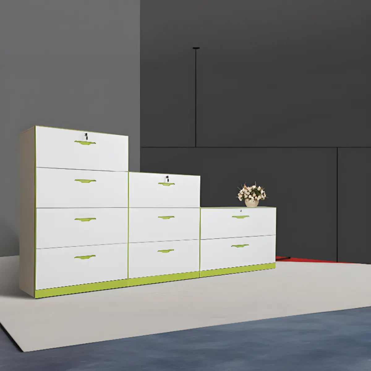 Free Standing White-Green Lockable Storage Filing Cabinet Image - 6