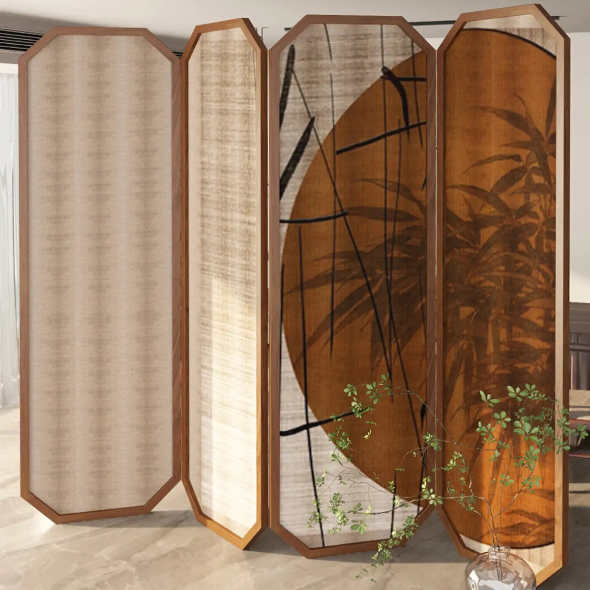 Freestanding Brown Geometric Bamboo Folding Room Divider Image - 1