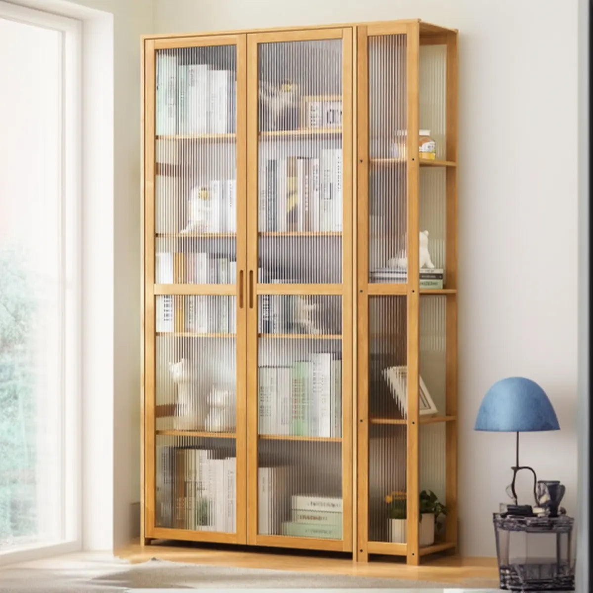 Freestanding Floor Bamboo Curio Display Cabinet Grey Image - 18