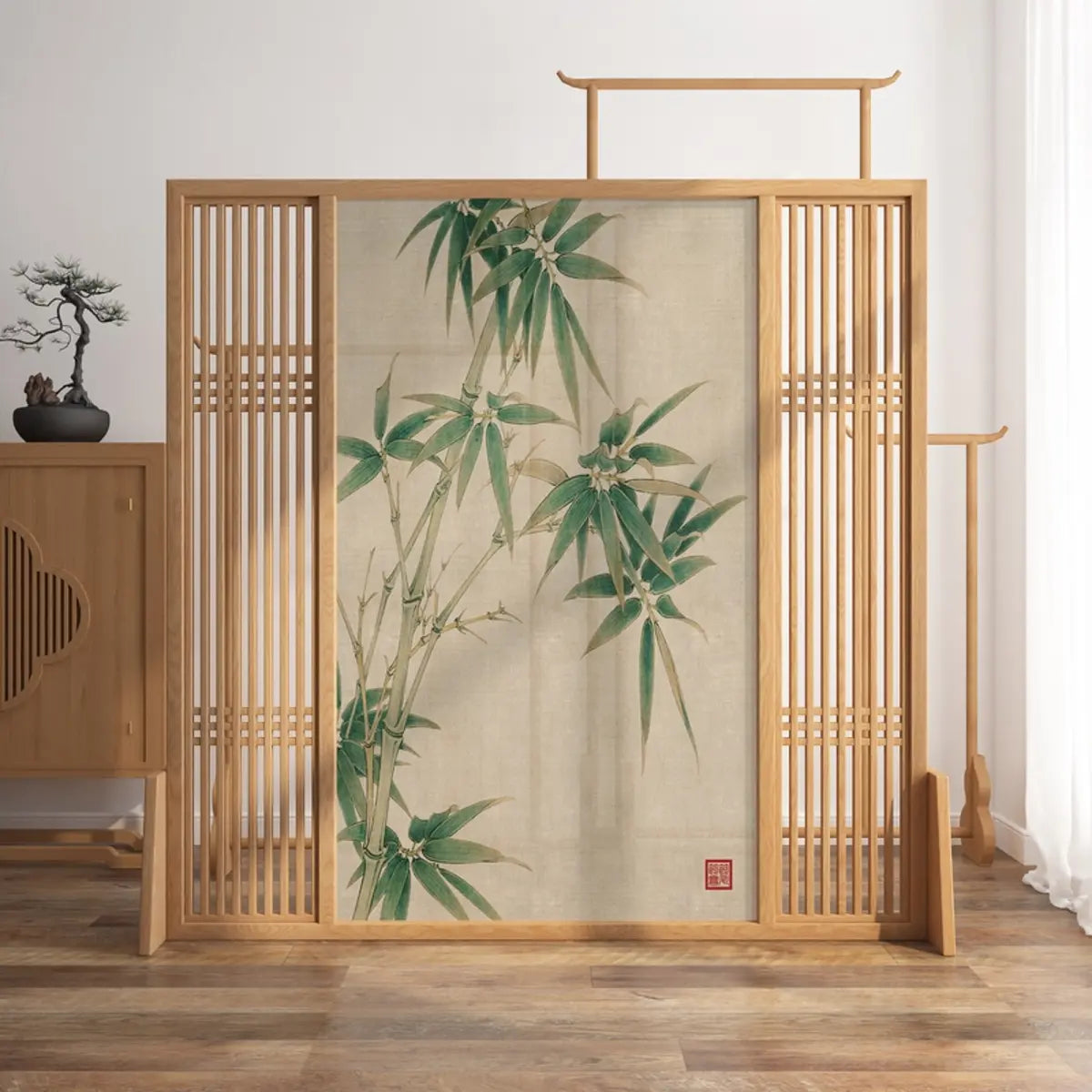 Freestanding Natural Bamboo Wood Print Room Divider Image - 2