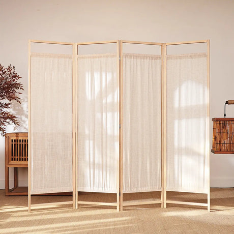 Freestanding Natural Wood Linen Foldable Room Divider Image - 1