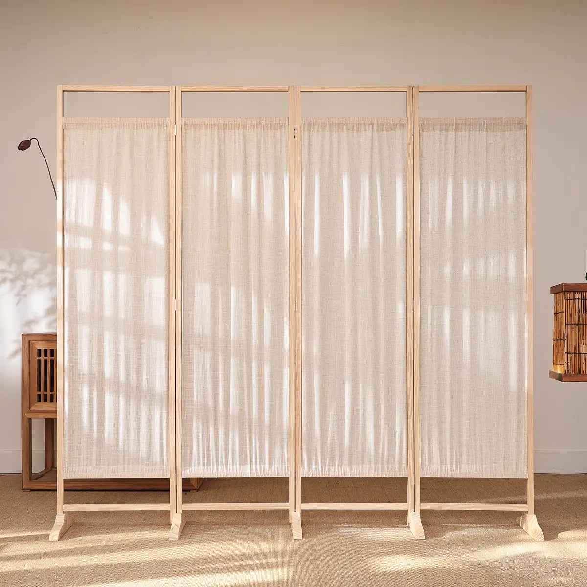 Freestanding Natural Wood Linen Foldable Room Divider Image - 4