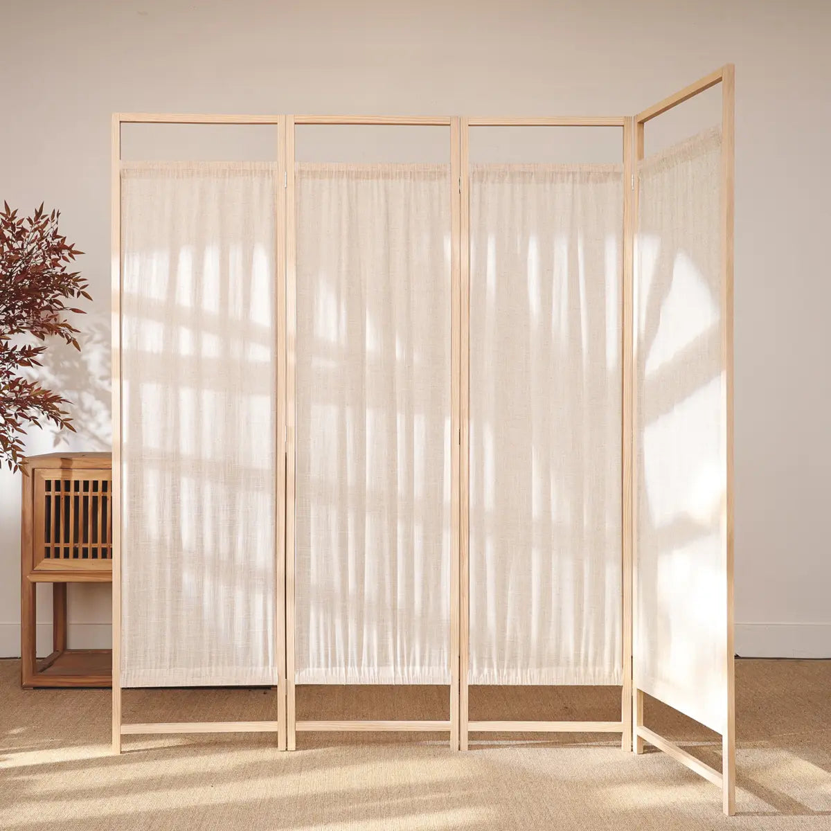 Freestanding Natural Wood Linen Foldable Room Divider Image - 6