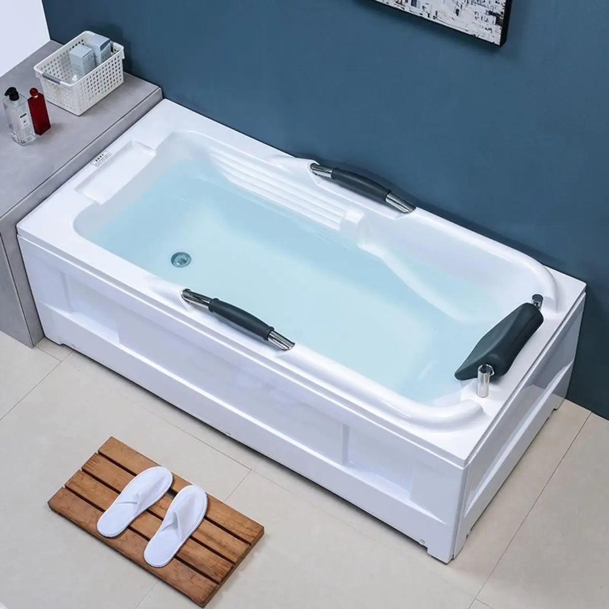 Freestanding Rectangle White Acrylic Bathtub with Handles Image - 1